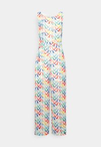 Wielokolorowy kombinezon bez rękawów, z powtarzającym się wzorem krzywych kształtów w kolorach czerwonym, niebieskim, zielonym i żółtym na białym tle.