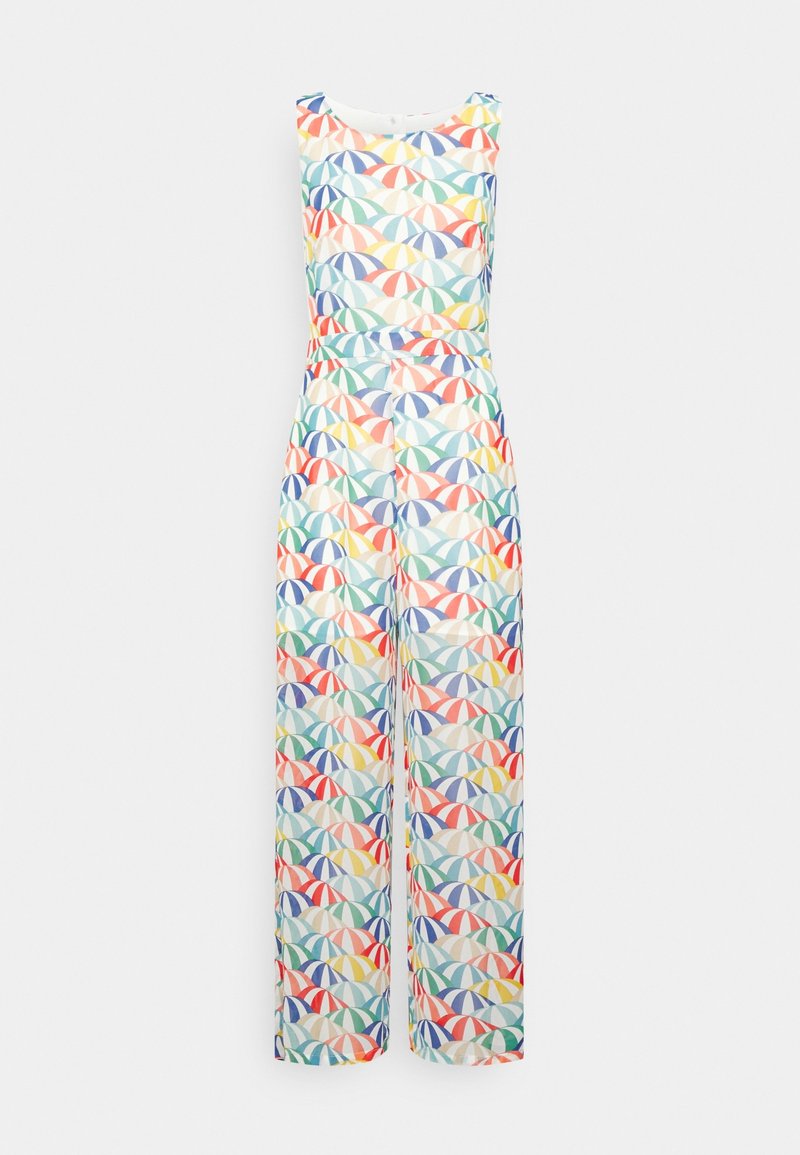 Wielokolorowy kombinezon bez rękawów, z powtarzającym się wzorem krzywych kształtów w kolorach czerwonym, niebieskim, zielonym i żółtym na białym tle.