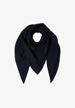 Marineblauwe driehoekige sjaal van zachte stof, met een gestructureerd oppervlak en kleine, subtiele versieringen voor extra detail.