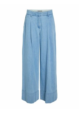 Jean denim taille haute, bleu clair, jambes larges, passants de ceinture, plis à l'avant, fermeture éclair et ourlets retournés.