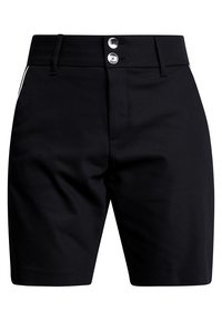 Czarne szorty o gładkiej fakturze, z zapięciem na guzik z dwoma srebrnymi guzikami, kieszeniami z przodu i białymi akcentami po bokach.