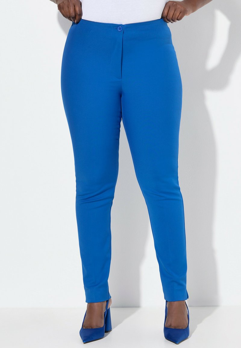 Modré slim-fit kalhoty z hladké, elastické tkaniny s knoflíkovým zapínáním, s propracovaným střihem a délky po kotníky.