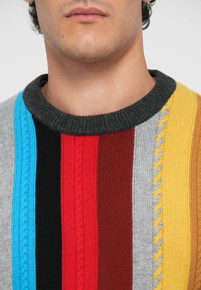 Multicolored knitted sweater featuring horizontal stripes in blue, black, red, burgundy, gray, and yellow. Round neckline with ribbed edges.