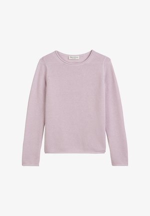 Pull long à manches longues de couleur violet clair avec un motif en tricot texturé, un col rond et une coupe droite. Étiquette indiquant "Mare O'Polo."