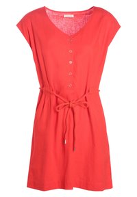Rotes kurzärmliges Kleid mit V-Ausschnitt und durchgehender Knopfleiste, mit einem Kordelzug in der Taille und glattem Baumwollstoff.