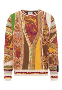 Sweatshirt multicolore avec des motifs complexes en rouge, jaune, vert et marron, avec tricot texturé et poignets et ourlet côtelés.