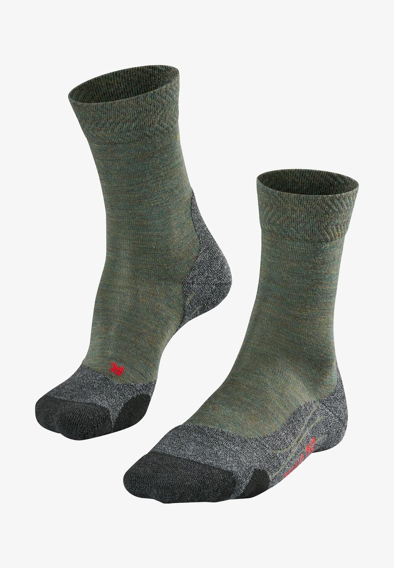 Calzini verde e grigio realizzati in un materiale testurizzato, con un polsino a costine e una punta e un tallone rinforzati di colore nero.