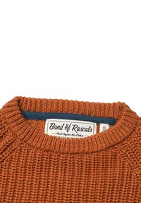 Rostfarbener Strickpullover mit strukturiertem Gewebe, geripptem Kragen und blauem Innenkragen. Das Etikett trägt die Aufschrift "Band of Rascals, Finest Organic Kids Clothes."