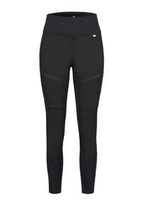 Leggings sportivi neri con vita alta, dotati di due tasche con zip sulle cosce, realizzati in un tessuto liscio e stretch.