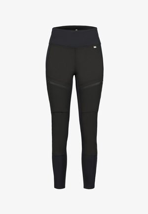 Czarne legginsy sportowe z wysokim stanem, wyposażone w dwie kieszenie zapinane na zamek na udach, wykonane z gładkiego, elastycznego materiału.