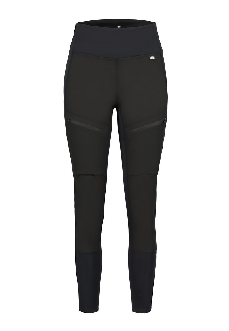 Leggings sportivi neri con vita alta, dotati di due tasche con zip sulle cosce, realizzati in un tessuto liscio e stretch.
