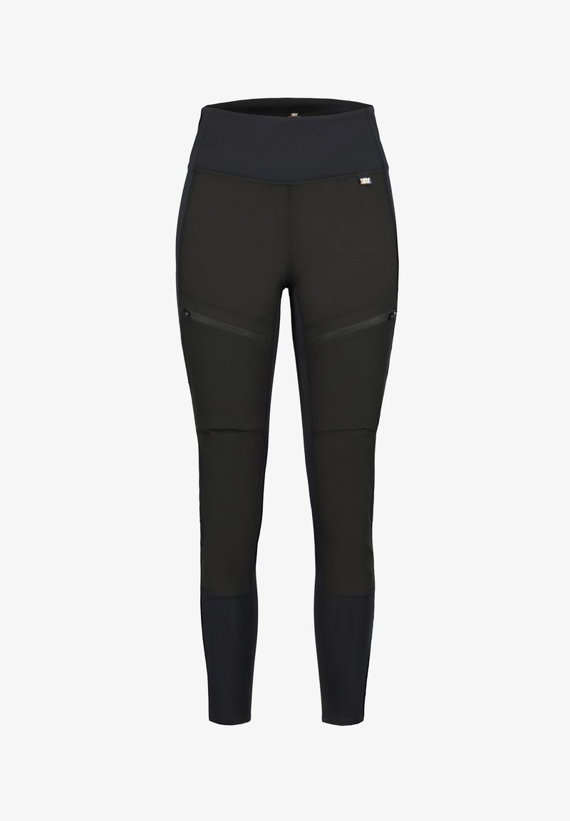Leggings sportivi neri con vita alta, dotati di due tasche con zip sulle cosce, realizzati in un tessuto liscio e stretch.