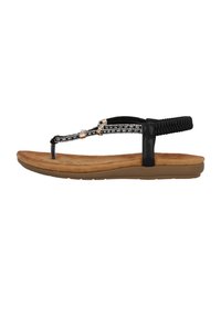 Sandali flip-flop neri con cinturini intrecciati e accenti argento, dotati di una soletta imbottita marrone e una suola in gomma flessibile color tan.