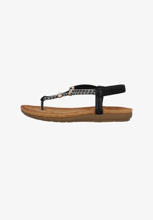 Zwarte teensandalen met gevlochten banden en zilveren accenten, voorzien van een gevoerde bruine binnenzool en een flexibele tan rubberen zool.