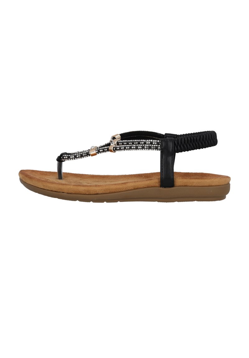 Sandali flip-flop neri con cinturini intrecciati e accenti argento, dotati di una soletta imbottita marrone e una suola in gomma flessibile color tan.