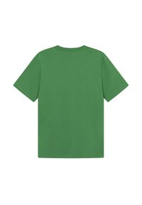 Groene katoenen T-shirt met een ronde halslijn en korte mouwen. Soepele textuur en eenvoudig ontwerp, zonder patronen of zichtbare hardware.