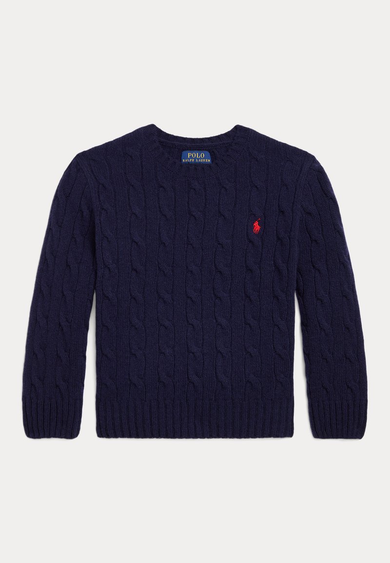 Maglione lavorato a maglia blu navy con collo giro, polsini e orlo a costine, con un piccolo logo rosso ricamato sul lato sinistro del petto.