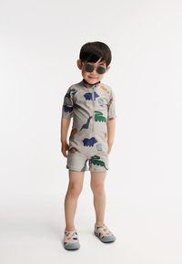 Maillot de bain à manches courtes pour enfants en gris clair avec des motifs de dinosaures colorés. Assorti à des chaussures à enfiler grises présentant un design similaire.