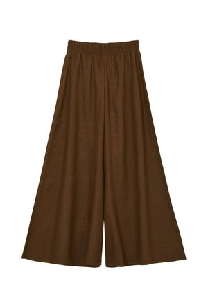 Pantaloni larghi marroni realizzati in tessuto testurizzato con vita elastica. La vestibilità ampia migliora il comfort e la mobilità.