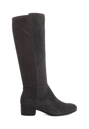 Tall women's black suede boot with low block heel and rounded toe, shown from the side on a white background.