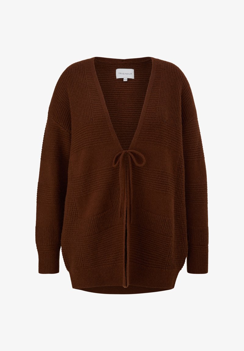 Cardigan lavorato a maglia marrone con scollo a V, chiusura frontale con nodo e vestibilità oversize. Presenta motivi texturizzati e maniche lunghe e larghe.