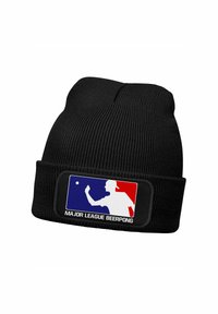 Black beanie hat with ribbed texture. Features a rectangular patch displaying a logo in red, white, and blue, labeled "MAJOR LEAGUE BEERPONG."