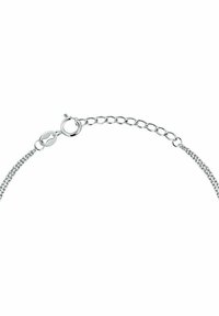 Bracciale in argento con chiusura rotonda e catena regolabile. Il design è elegante, con maglie intrecciate e una finitura lucida.