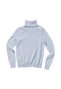 Maglione a collo alto di colore azzurro chiaro, realizzato in un tessuto morbido, con maniche lunghe, polsini a coste e una vestibilità leggermente allentata con colletto alto.