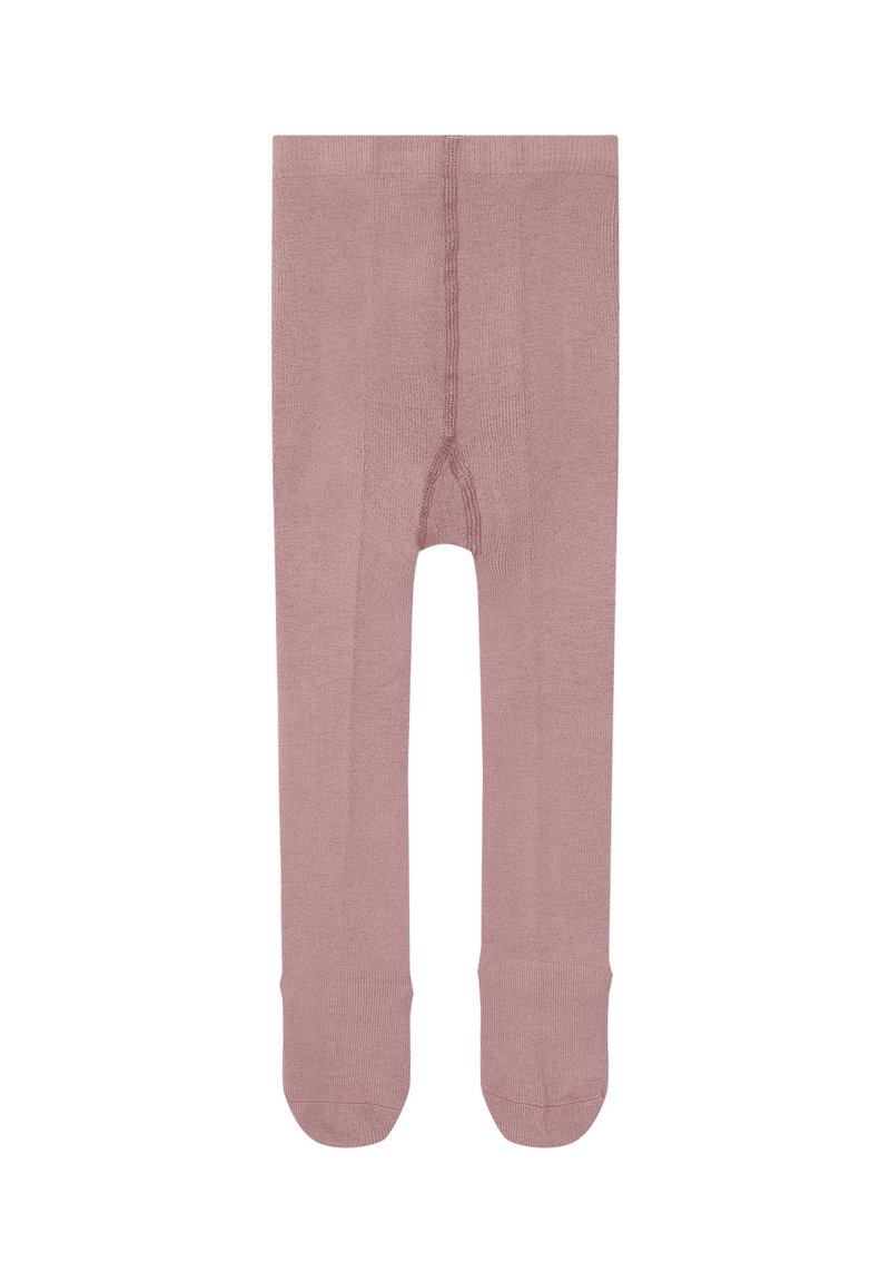 Collant rosa chiaro realizzati in tessuto morbido, caratterizzati da un design senza cuciture e una texture a costine, con punte rinforzate e una cucitura centrale.