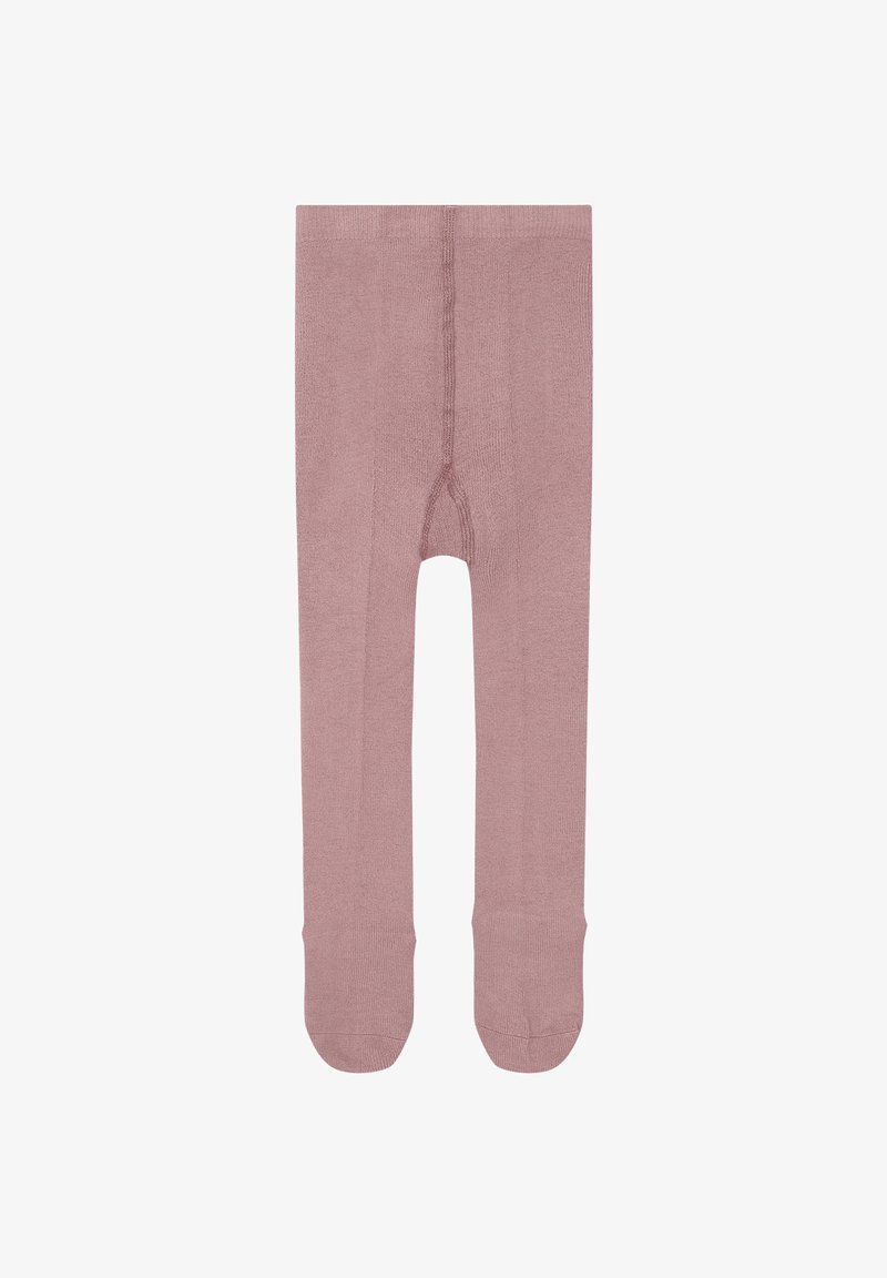 Collant rosa chiaro realizzati in tessuto morbido, caratterizzati da un design senza cuciture e una texture a costine, con punte rinforzate e una cucitura centrale.