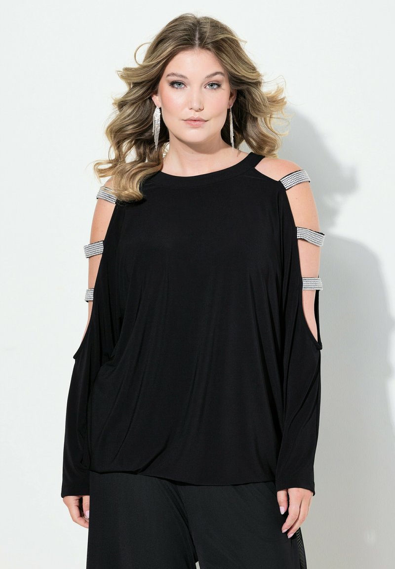 Schwarzes Oberteil mit Ausschnitt-Design an den Schultern, verziert mit silbernen Strassakzenten und langen Ärmeln, aus weichem, schmeichelndem Stoff für eine lockere Passform.