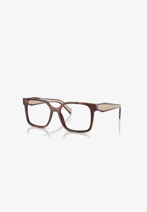 Occhiali tartarugati marroni con montatura quadrata, lenti trasparenti e aste trasparenti con dettagli dorati del logo.