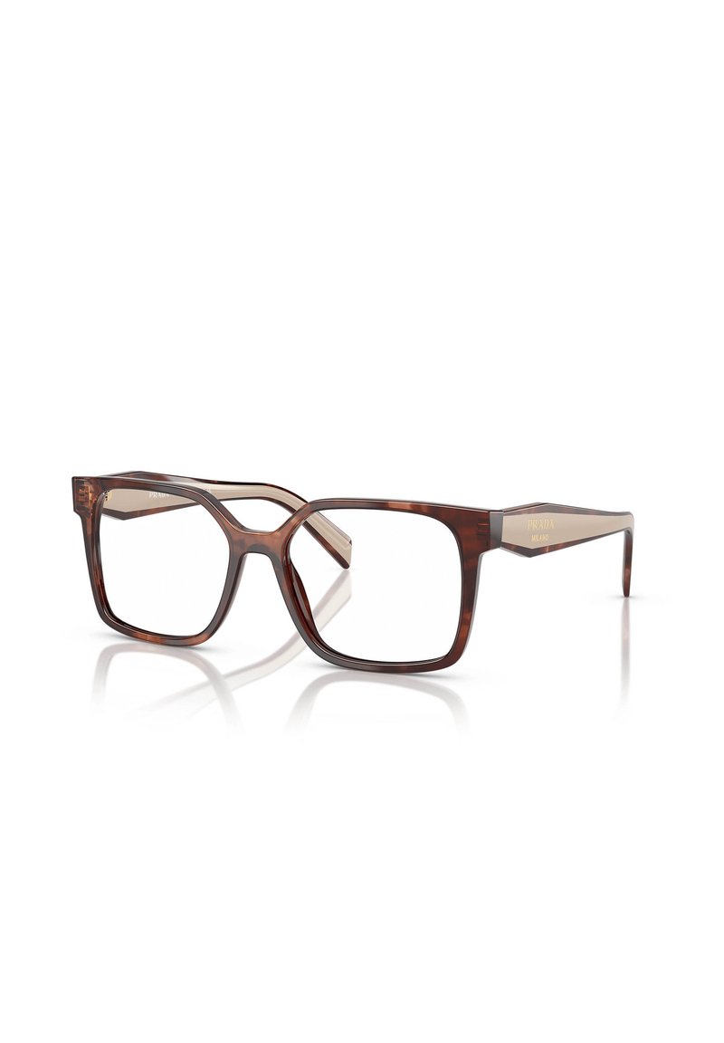 Occhiali tartarugati marroni con montatura quadrata, lenti trasparenti e aste trasparenti con dettagli dorati del logo.