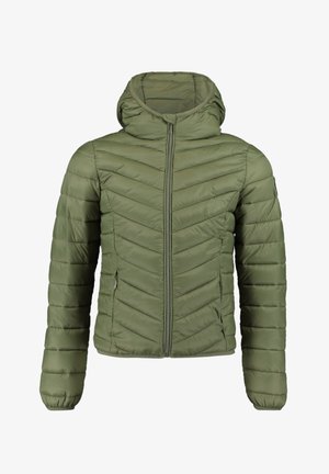 Giacca a vento verde oliva con cappuccio, caratterizzata da un motivo trapuntato a chevron, cerniera frontale e polsini elasticizzati. Tessuto morbido e liscio.