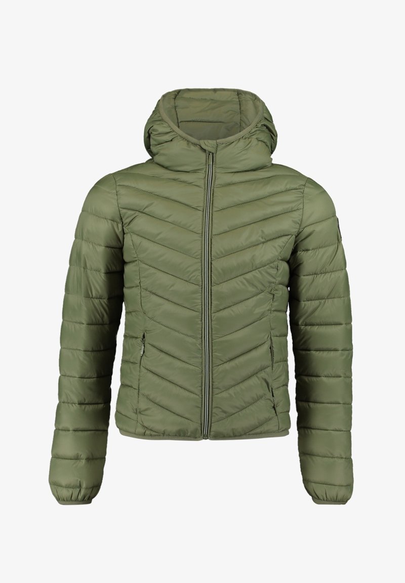 Olijfgroene pufferjas met capuchon, voorzien van een ruitpatroon in chevron-stijl, een ritssluiting aan de voorkant en elastische manchetten. Zachte, gladde textuur.