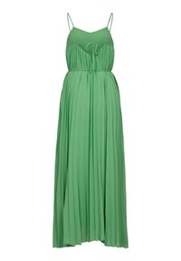 Robe longue verte sans manches avec jupe plissée, fines bretelles et détail de nœud à l'avant au niveau de la poitrine.