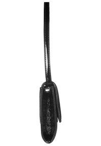 Black patent leather handbag with a sleek, rectangular shape, featuring a long strap and a smooth, glossy texture.