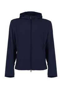 Giacca a cappuccio blu marino, leggera, con zip a tutta lunghezza, tasche laterali e una trama liscia. Design semplice senza schemi visibili.