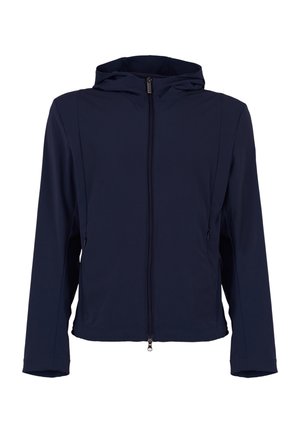 Giacca a cappuccio blu marino, leggera, con zip a tutta lunghezza, tasche laterali e una trama liscia. Design semplice senza schemi visibili.