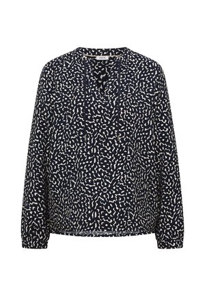 Blouse à manches longues bleu marine avec des taches beige irrégulières, col en V et liens à nouer, fabriquée par la marque Cecil.