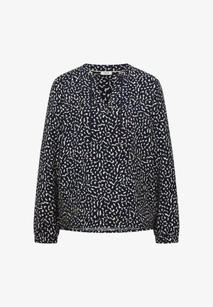 Blouse à manches longues bleu marine avec des taches beige irrégulières, col en V et liens à nouer, fabriquée par la marque Cecil.