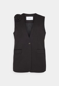 Černá bezrukávová vesta s přiléhavým střihém, se zvláštním detailem růže na levém rameni a dvěma předními kapsami. Zapínání na knoflíky vpředu.
