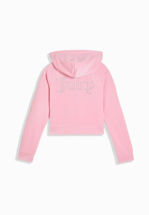 Felpa corta rosa realizzata in materiale morbido, con cappuccio e testo "Juicy" in strass sulla schiena. Texture liscia, maniche lunghe.