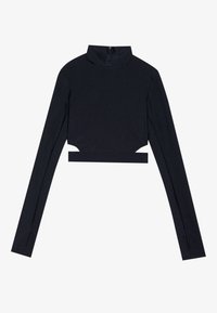 Crni dugi rukav uski top s lažnim ovratnikom, zatvaranjem na zip sa stražnje strane i izrezanim detaljima sa strane. Glatka tkanina s minimalnom teksturom.