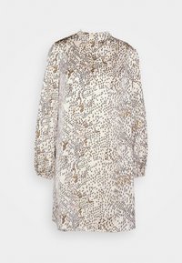 Μακρυμάνικο, ψηλό λαιμό μπεζ φόρεμα με αφηρημένο καφέ και μαύρο κυκλικό σχέδιο, χαλαρή εφαρμογή και ελαφρώς συγκεντρωμένους καρπούς.