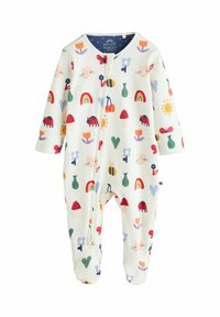 Långärmad babybody med vit bakgrund och färgglada mönster av katter, blommor, regnbågar och insekter. Dragkedja fram.