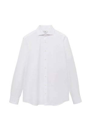 Bílá košile s dlouhým rukávem vyrobená z hladké tkaniny, s klasickým límcem, předním zapínáním na knoflíky a rovnými lemy. Bez vzorů nebo akcentů.