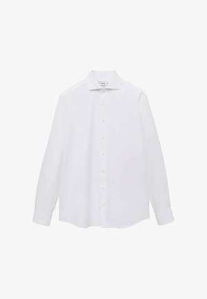 Valkoinen pitkähihainen paita, jossa on sileä kangas, klassinen kaulus, edessä napitus ja suora helma. Ei kuvioita tai yksityiskohtia.