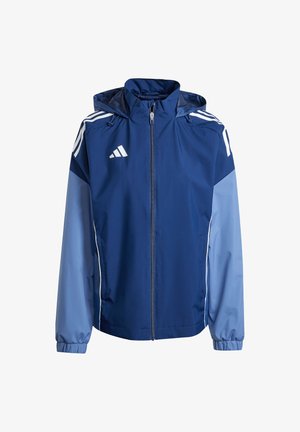 Blauwe sportjacket met een capuchon, gemaakt van gladde stof, voorzien van witte strepen op de schouders, ritsluiting en elastische manchetten.