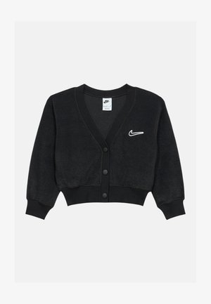 Črn skrajšan kardigan z mehkim tekstilom, ki ima globok V-izrez, črne gumbe in vezeno belo Nike logo na prsih.